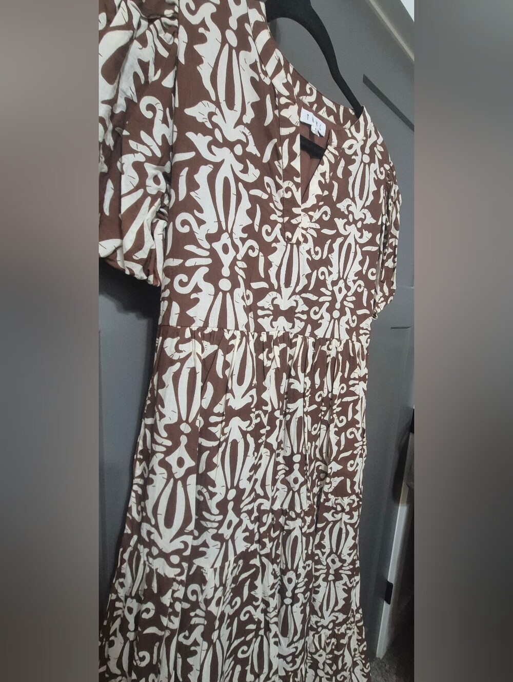 THML Brown Ivory Batik Print Puff Sleeve Cotton Midi Dress S - Picture 4 of 7